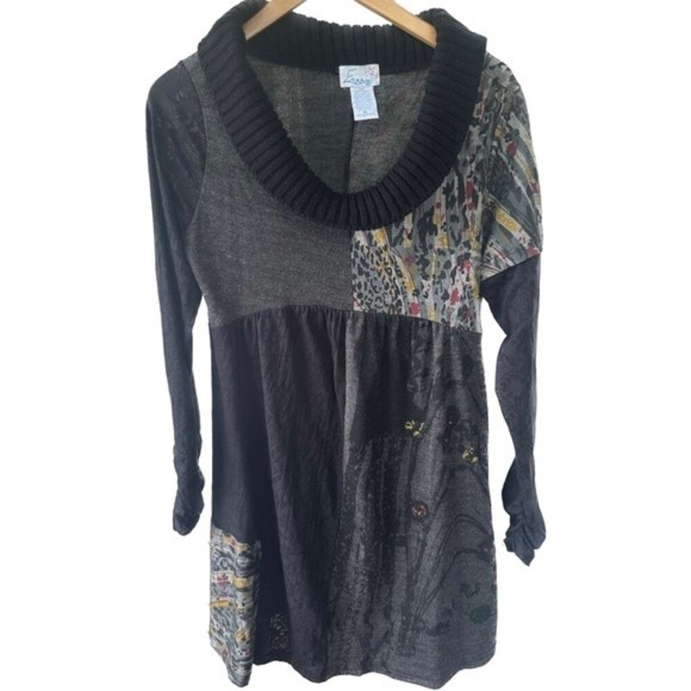 Emma G Mix Print Knit Cow Neck Longline Long Sleeves Ruched Wrist Sweater Dress